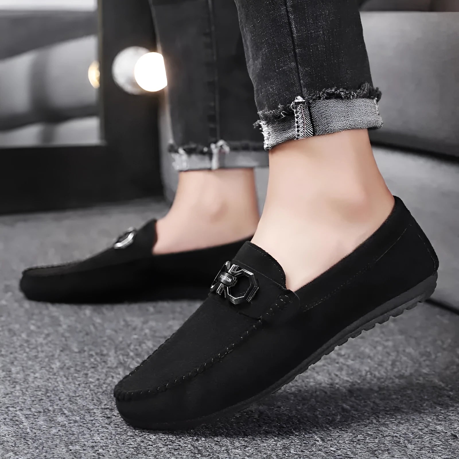 Men's black and grey suede leather casual shoes with rubber sole for summer.