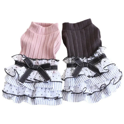 Polka dot lace cake princess dress for pets in taro purple, charcoal black, or iced coffee colours
