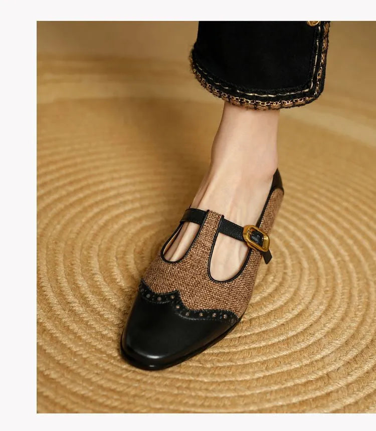 Women's low-cut Mary Jane pumps with chunky 1-3cm heel, T-strap, round toe, cowhide upper, in Black or Tea Brown
