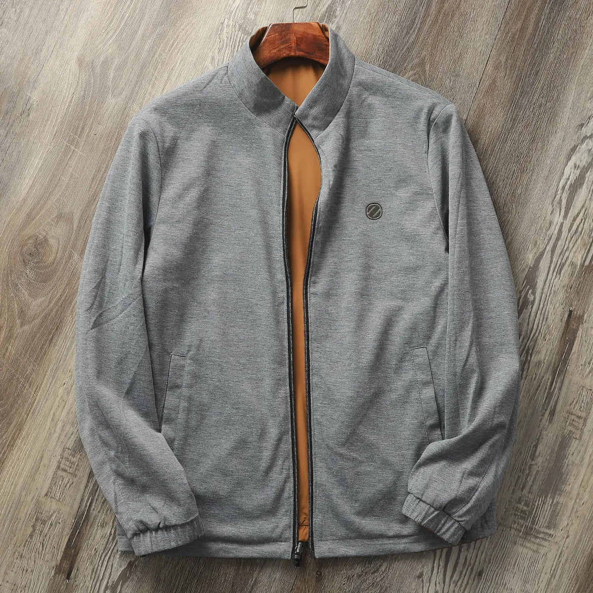 Men's stand collar casual jacket in polyester fibre with cotton lining, shown in available colours