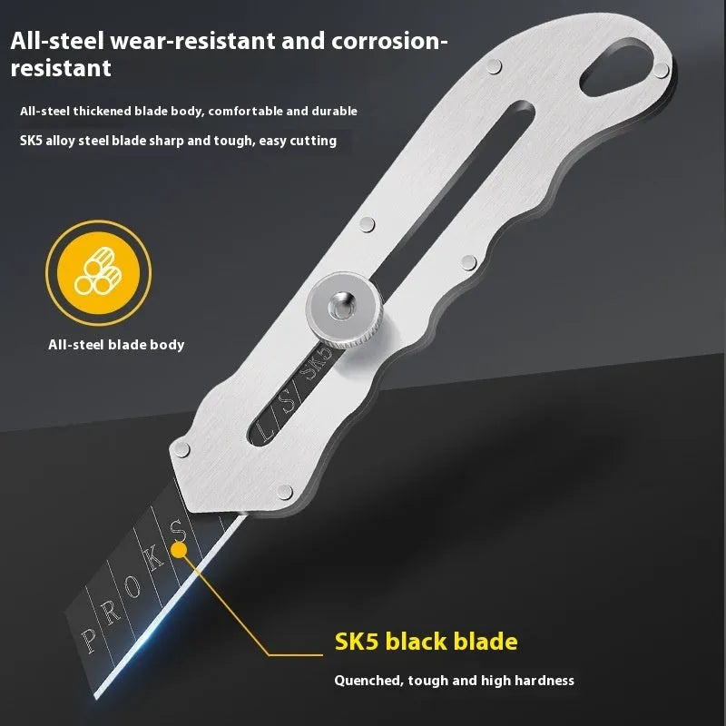 Stainless steel folding art knife with black blade and replacement blades
