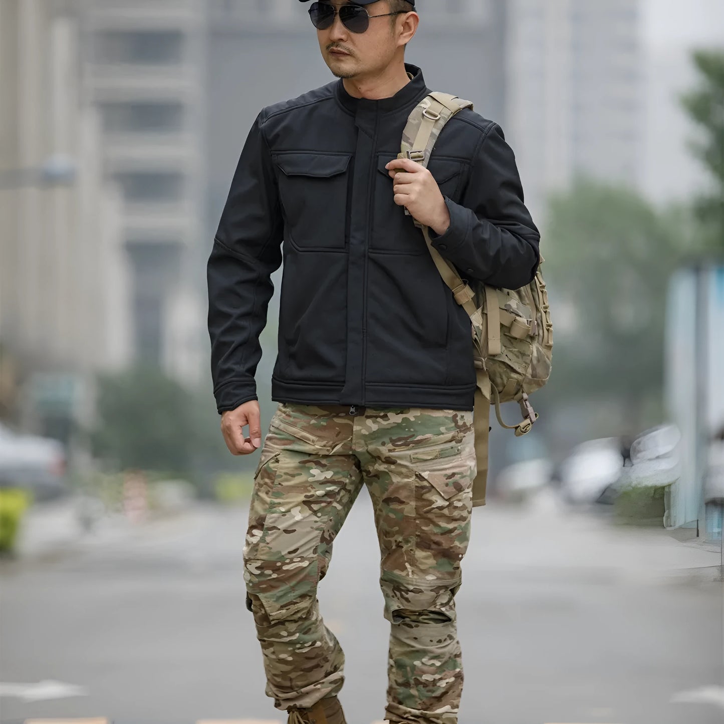 Bone Frog Peak Breaker soft shell tactical jacket in black camouflage colour for outdoor mountaineering.
