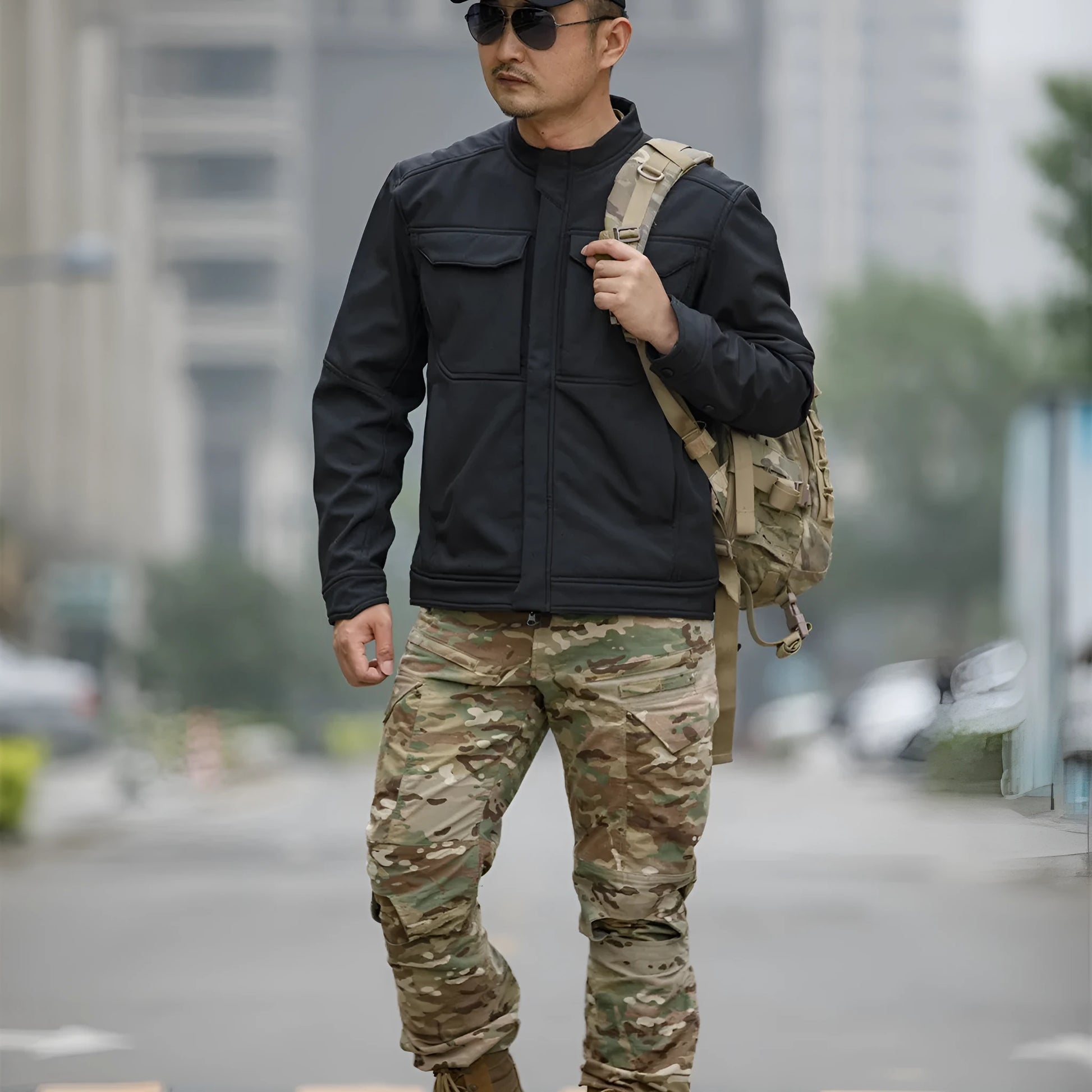 Bone Frog Peak Breaker soft shell tactical jacket in black camouflage colour for outdoor mountaineering.