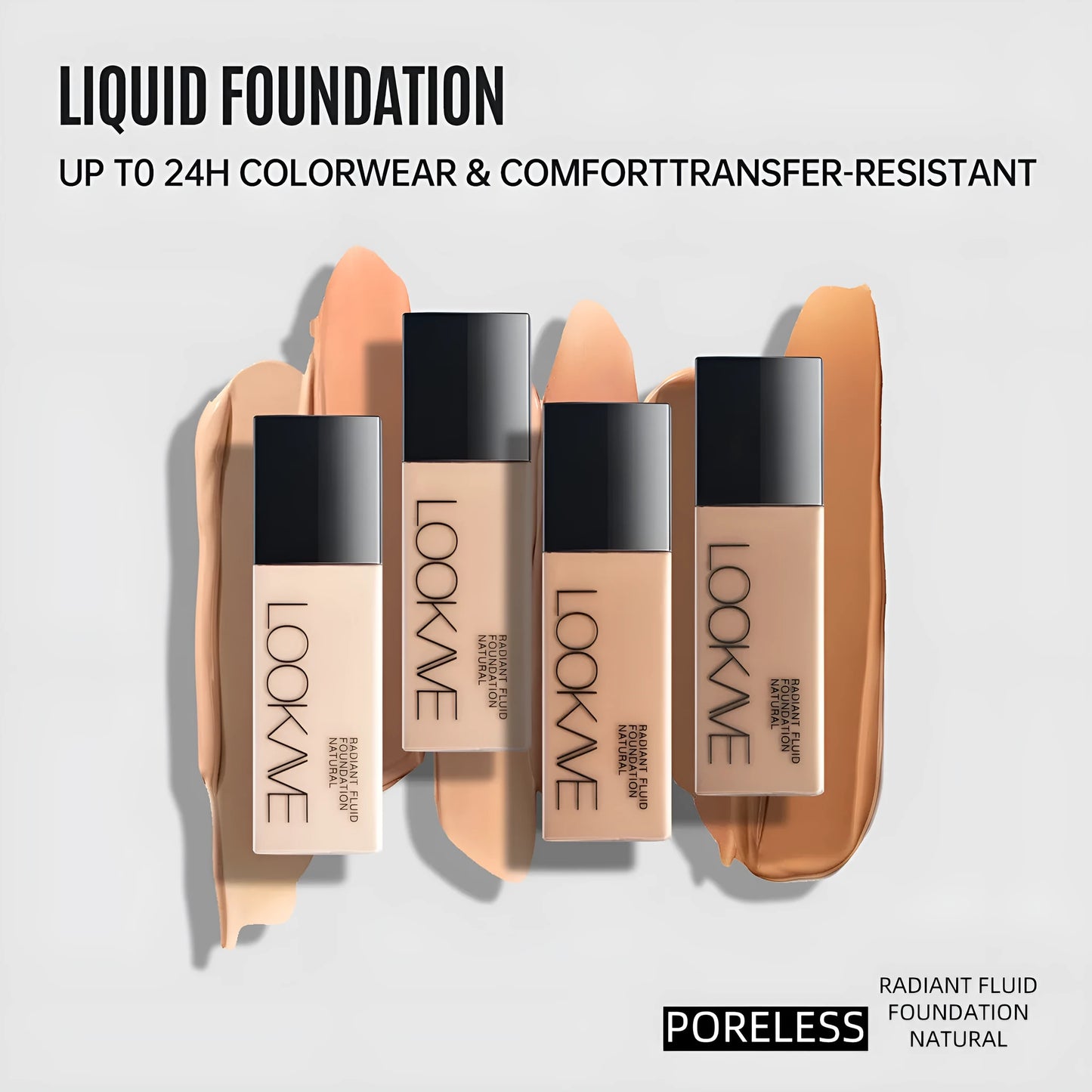 LOOKAVE Matte Liquid Foundation bottle showing 21c quantity with six colour shade options for waterproof coverage