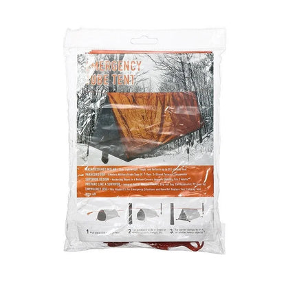 Orange emergency tent with sleeping bag and blanket disaster relief kit on ground