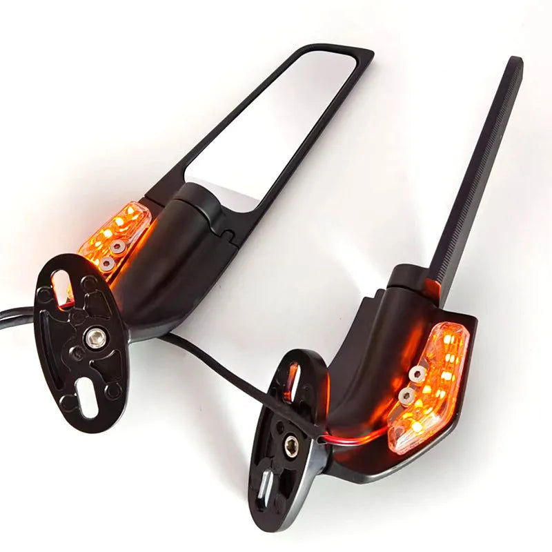 Motorcycle spoiler rearview mirror reflector with yellow light, aluminium alloy housing, and convex glass lens
