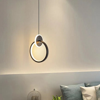 Nordic black double ring LED bed lamp chandelier with adjustable height above bedside