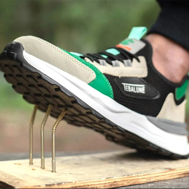 Black green mesh safety shoe with plastic steel toe cap, low-top design, and TPU sole