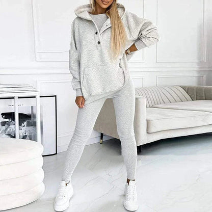 Women's 3-piece sports suit with hooded sweatshirt, vest, and slim trousers in various colours