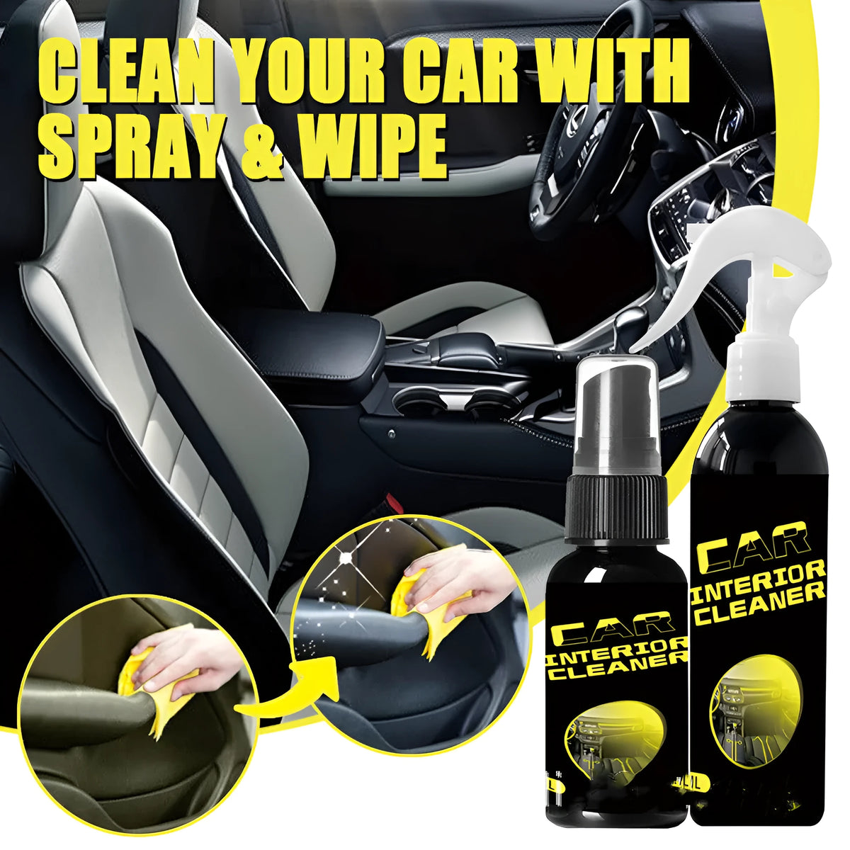 Car interior cleaner nozzle bottle in 30ml and 100ml with 10x3cm and 171x37mm dimensions