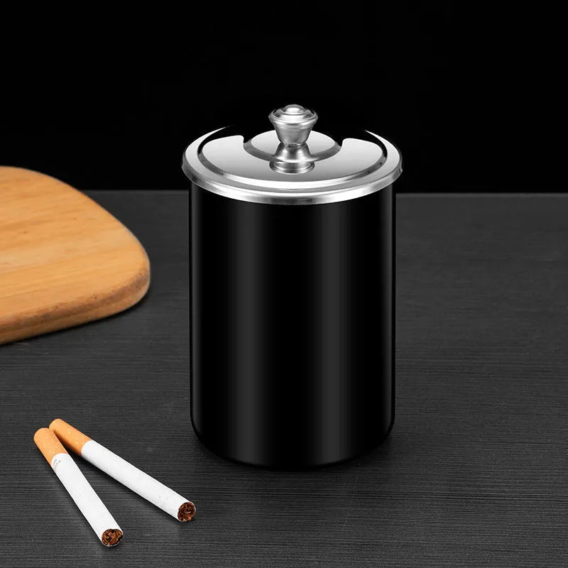 Stainless steel fly ash ashtray with cover, funnel, and smoke button in multiple colours