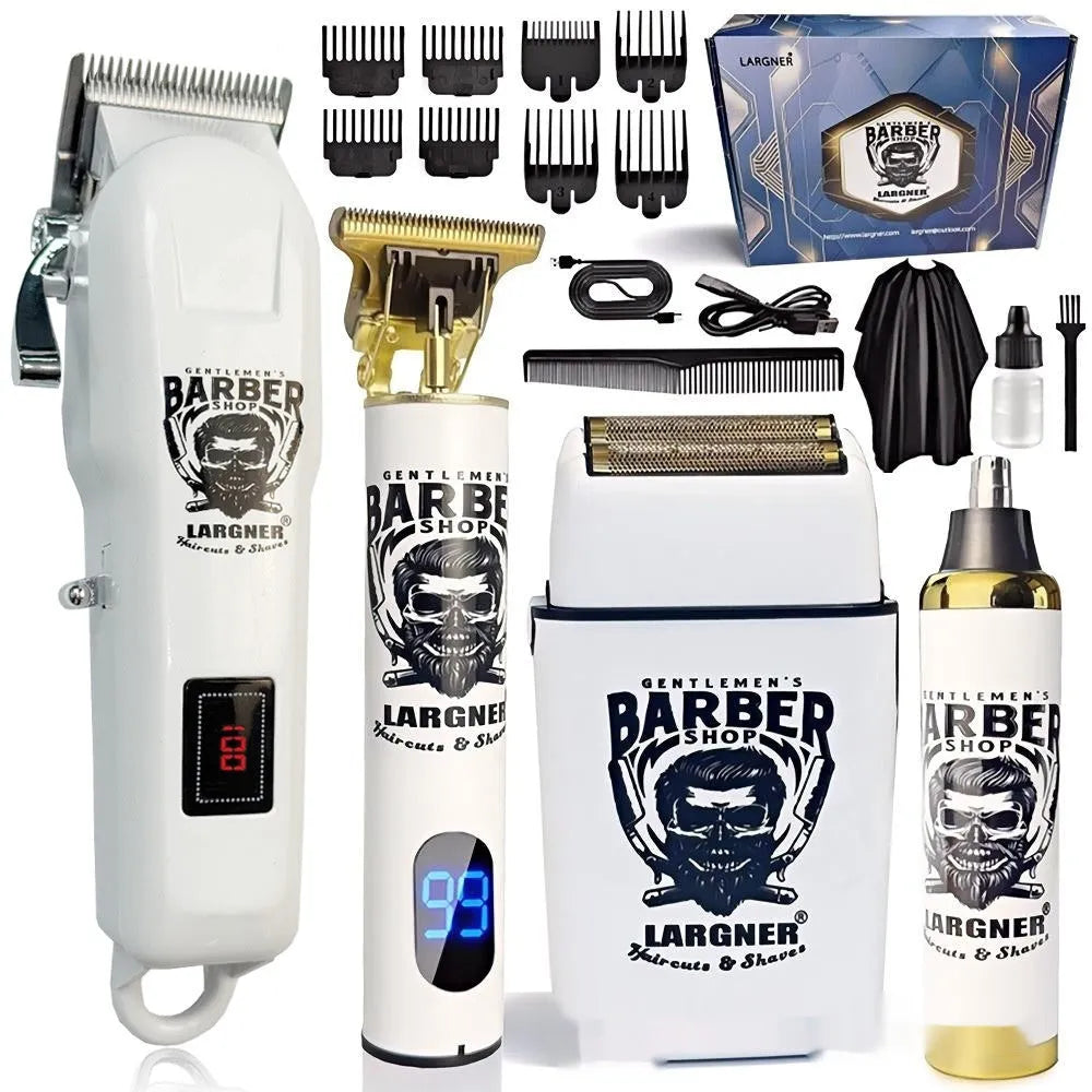 Rechargeable stainless steel hair clipper kit with USB cable on a table