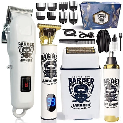 Rechargeable stainless steel hair clipper kit with USB cable on a table