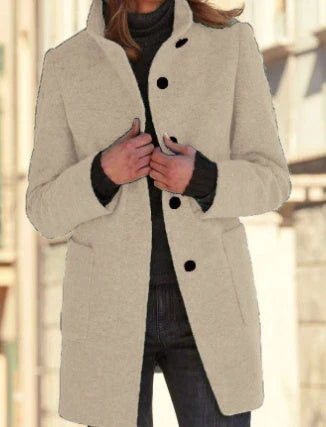 Stylish wool coat with stand collar, pockets, and slim fit design for casual winter wear.