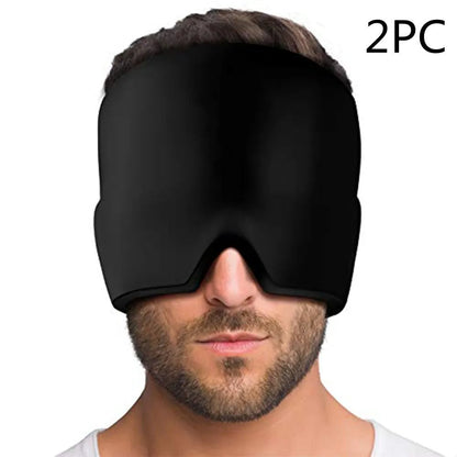 Black elastic cloth gel cold compress eye mask for headache relief on a grey background.