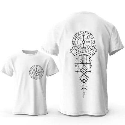 Men's grey cotton T-shirt with a detailed Viking rune compass graphic on the chest.