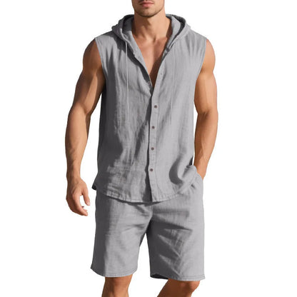Men's linen sleeveless shirt and shorts suit in multiple colour options