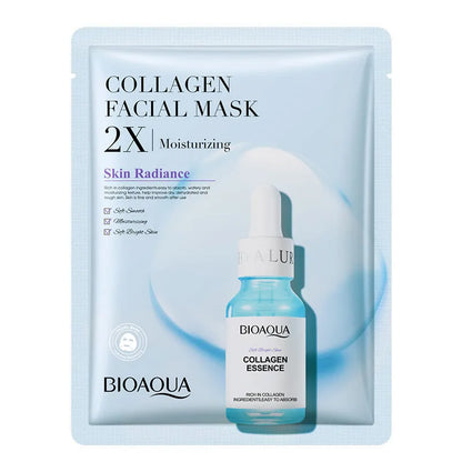 White collagen and hyaluronic acid facial sheet mask in 30g gel format on skin