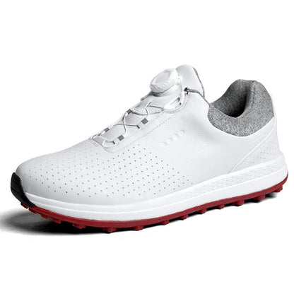 Men's white low-top casual golf shoe with breathable upper and non-slip broken nail sole.