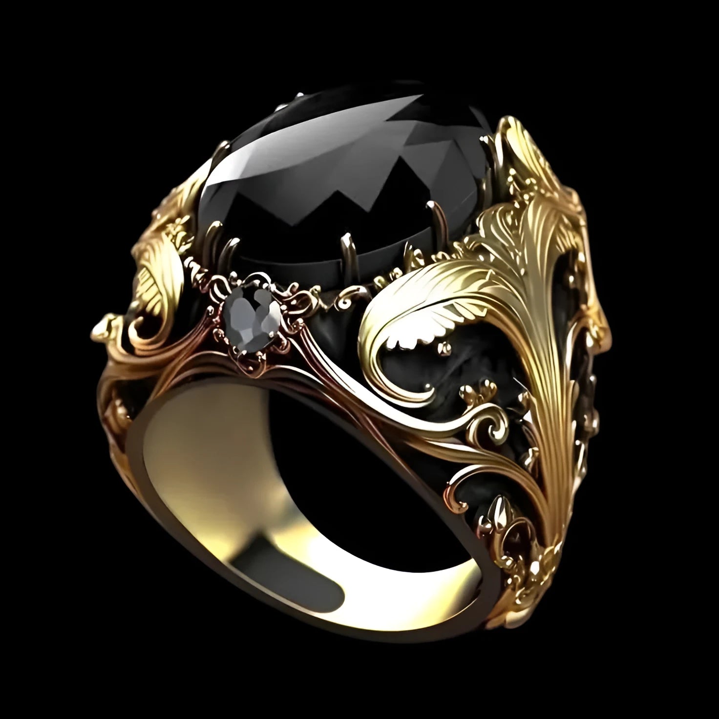 Silver geometric men's wide ring with imitation ink gem and moonstone styling on hand.