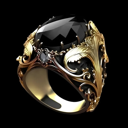 Silver geometric men's wide ring with imitation ink gem and moonstone styling on hand.
