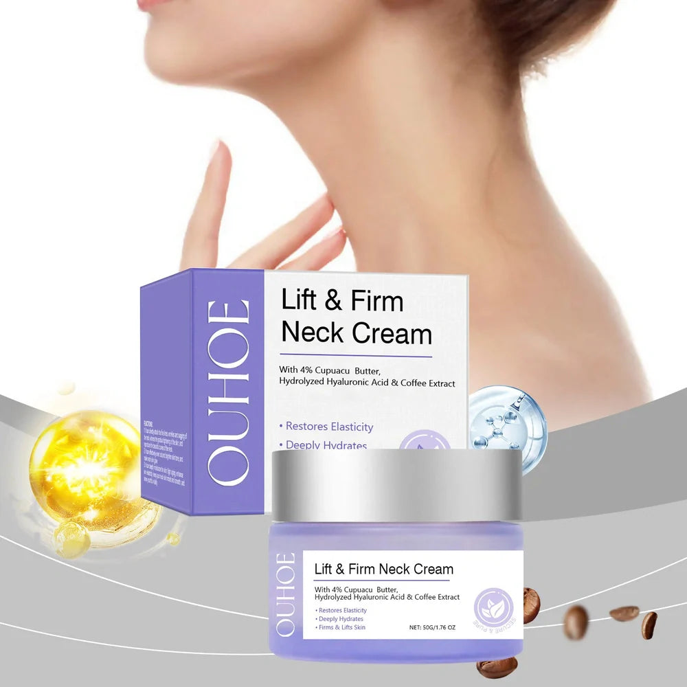 Neck skin cream in 6cm by 6cm by 3.8cm container with 50g moisturising and firming formula
