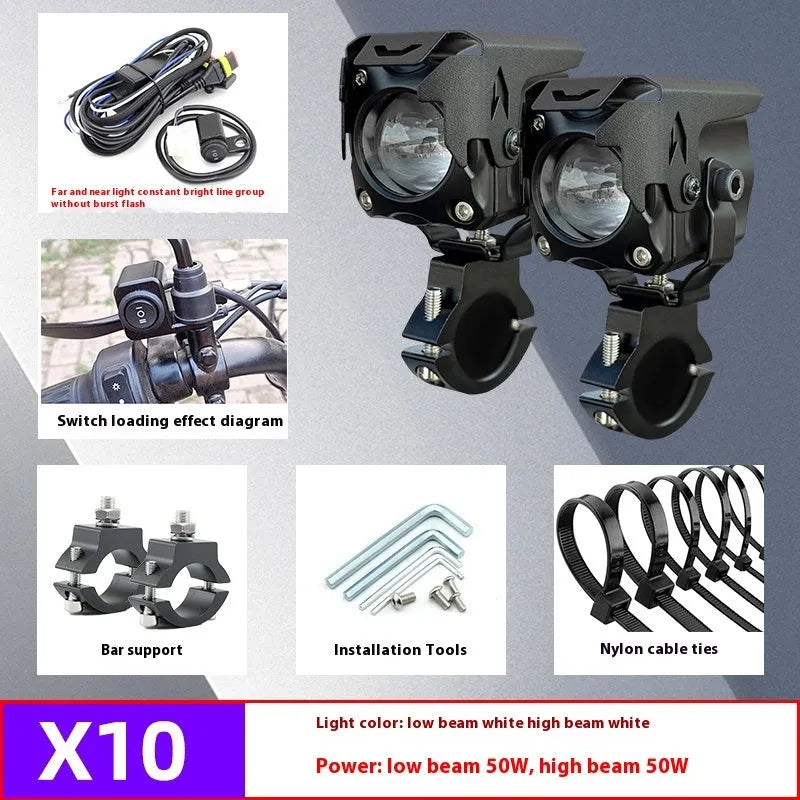 Motorcycle LED spotlight kit with wire group, mirror switch, mounting bracket, and cable ties.