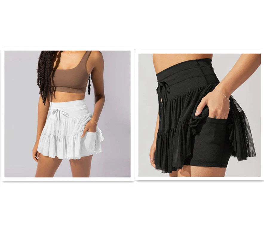 Stylish high-waist pleated skirt with lace-up accents in various colors, including black, gray, blue, apricot, pink, white, and purple