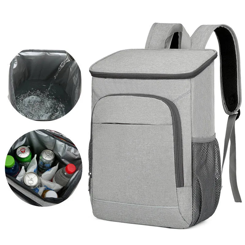 Large Oxford cloth backpack for outdoor thermal picnics with curved shoulder straps in grey with orange accents