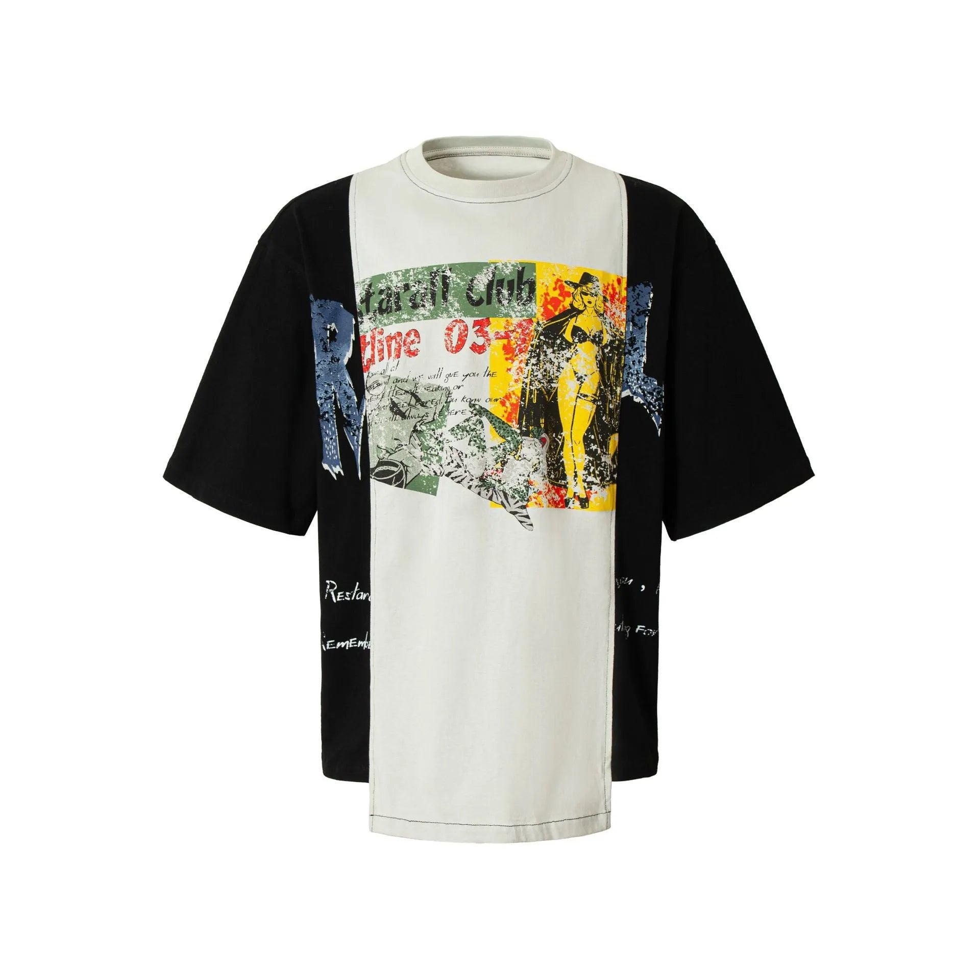 Black and white deconstruction print on a loose fit cotton blend t-shirt for streetwear.