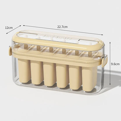 Green or beige portable popsicle mould for making homemade ice cream measuring 23.4 x 7.7 x 12 cm
