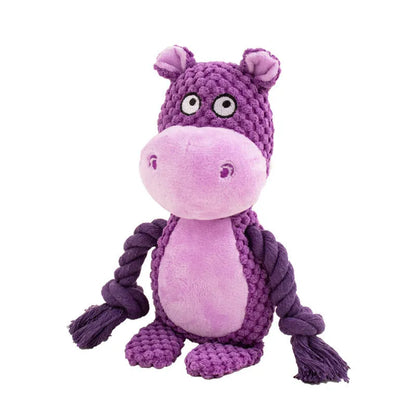 Hippo design plush dog toy with sound feature and cotton rope interior for interactive tug training