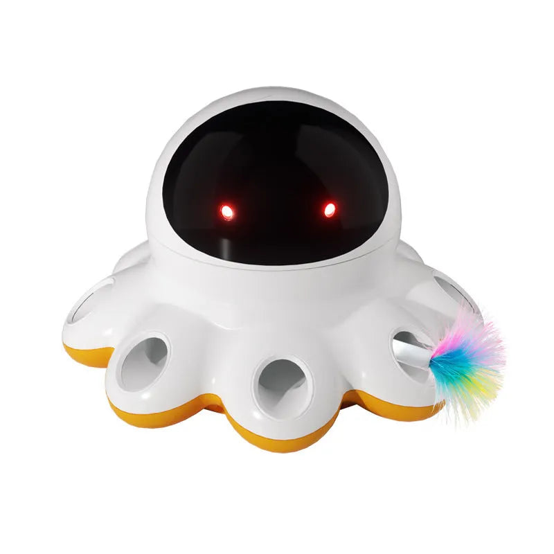 Automatic electric cat teaser toy with colourful feather attachment on a plastic base