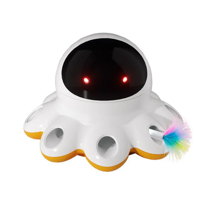 Automatic electric cat teaser toy with colourful feather attachment on a plastic base