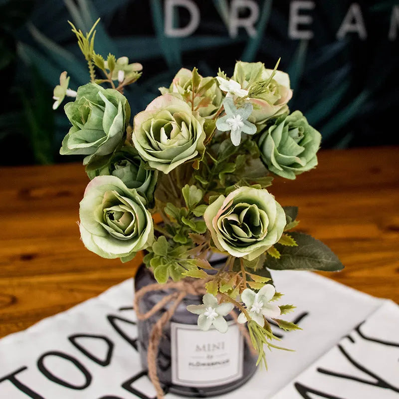 Single stem silk cloth artificial flower bouquet in green, orange, pink, purple, red, or white for wedding and home decoration