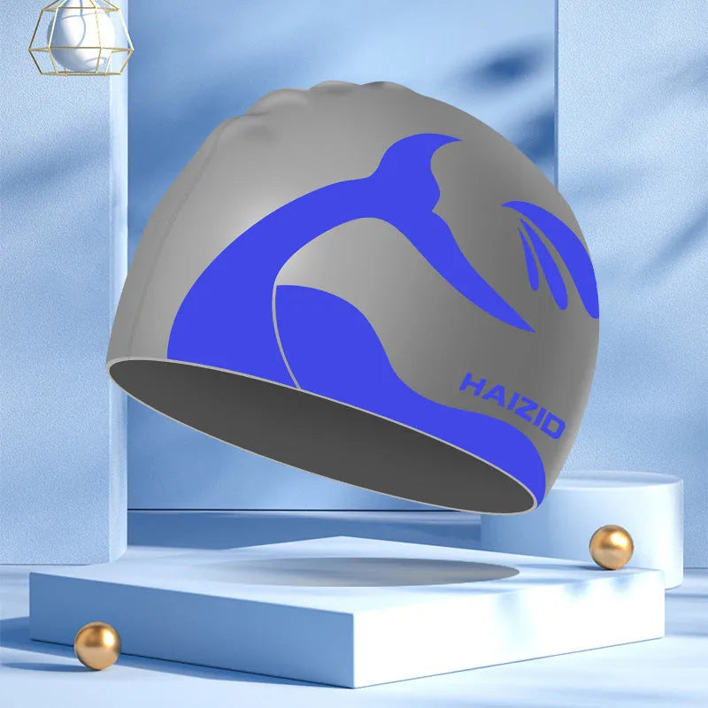 Silicone swim cap with whale tail pattern and waterproof ear protectors in various colours