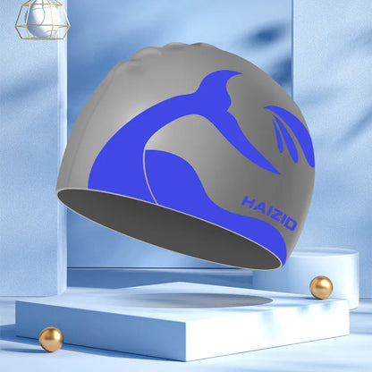 Silicone swim cap with whale tail pattern and waterproof ear protectors in various colours