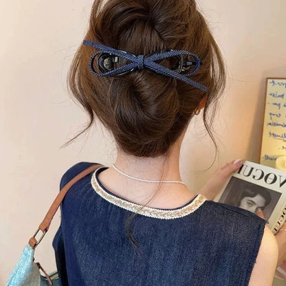 Women's handmade hair clip with denim fabric bow triangle decoration and plastic grip