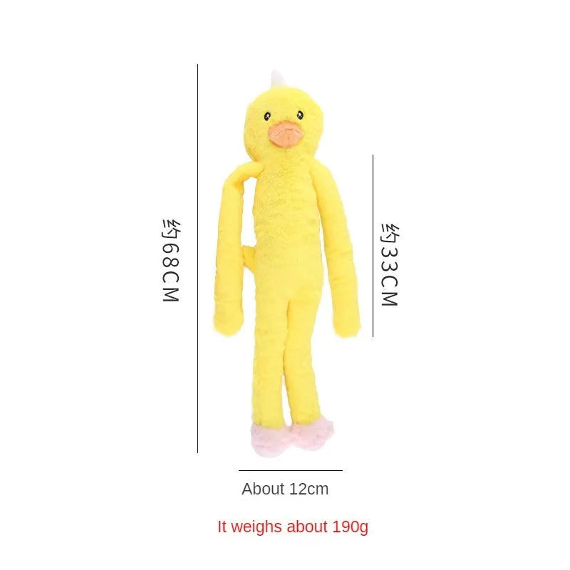 Pink and yellow plush dog toy with rattle and crinkle sounds for large breed chewing