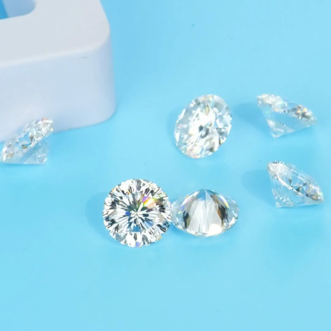 Round moissanite gem stone with eight hearts and eight arrows cut on a grey background