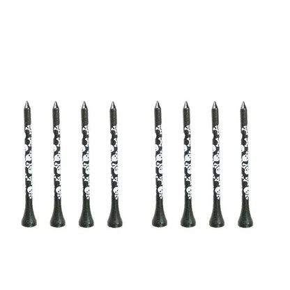Ten black bamboo dowel pins with skull print for golf tees, showing 70mm and 83mm length options.