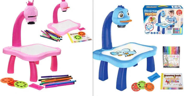 Children's magnetic drawing board with music and projection features in blue and pink