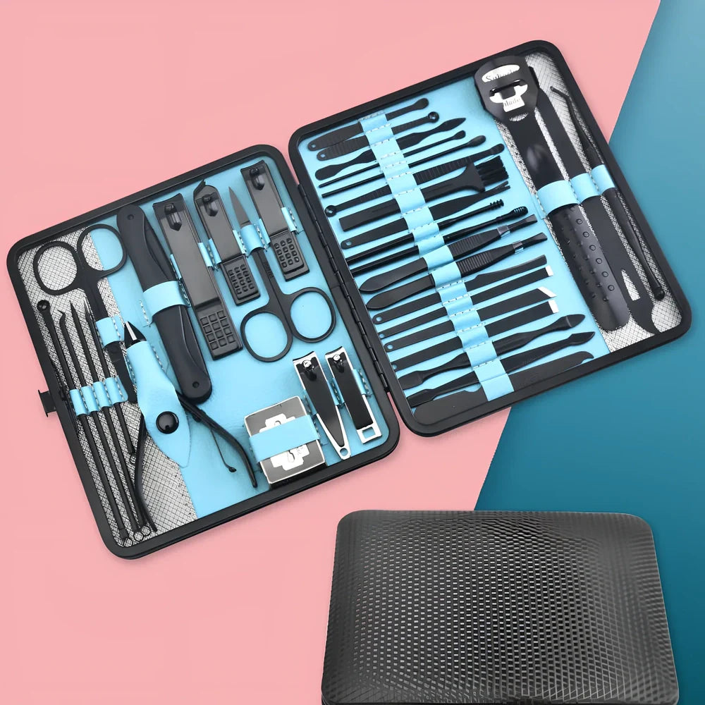 Beauty and manicure nail care kit with stainless steel tools in PU leather case showing multiple grooming implements