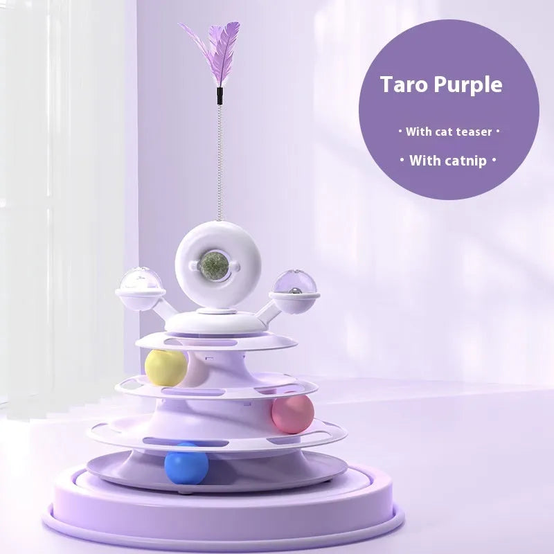 Four-level cat toy turntable tower with roller balls and 360-degree top ball in PP