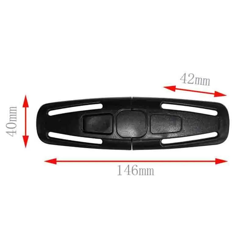 Black nylon seat belt clip for child car seat harness, showing button lock mechanism.