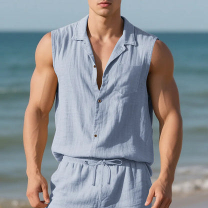 Man's sleeveless linen cardigan vest with a polo collar in a light khaki colour, laid flat.