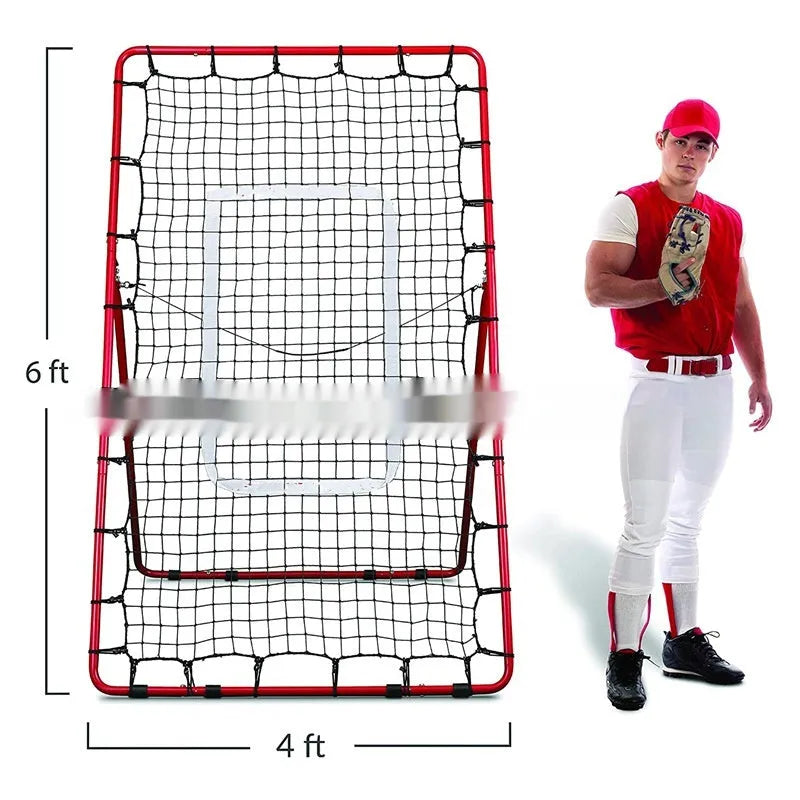 Red adjustable baseball training net with metal frame measuring 4x6 feet for sports practice