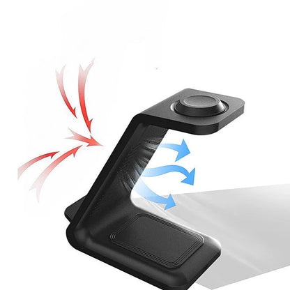 White 3-in-1 wireless charging station with phone upright in holder, watch and earbuds on charging pads