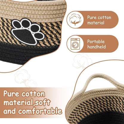 Handmade light beige cotton rope storage basket with handle, dimensions 34cm by 26cm by 15cm