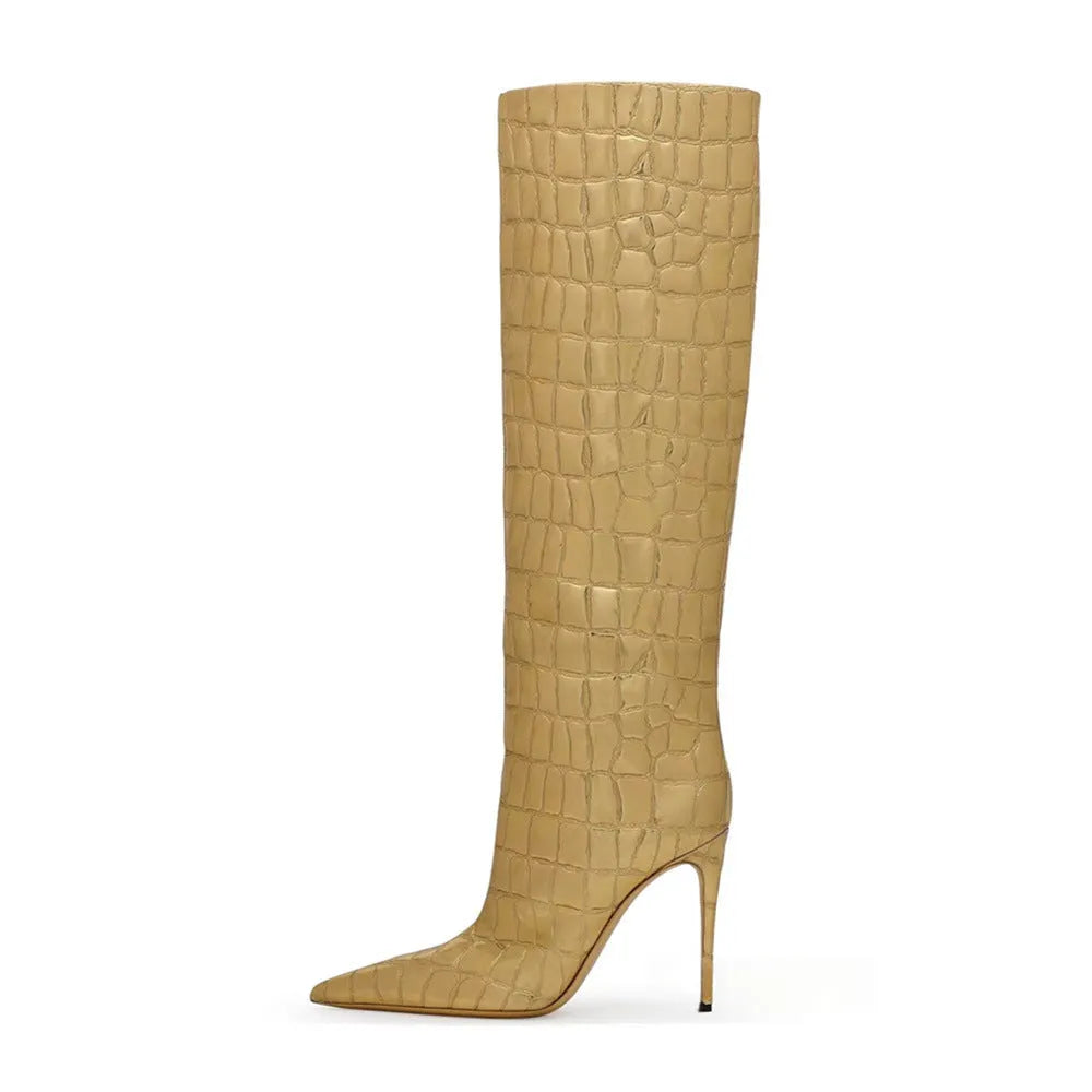 Women's pointed stiletto heel boots in leopard print with side zipper and high cylinder shaft.